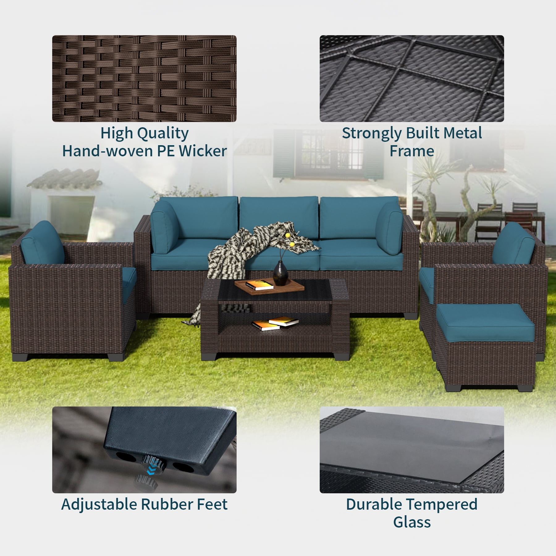 7-Piece Outdoor Patio Furniture Set, All-Weather Rattan Sectional Sofa with Waterproof Cushions & Tempered Glass Table, Perfect for Garden, Poolside, Backyard (Peacock Blue)