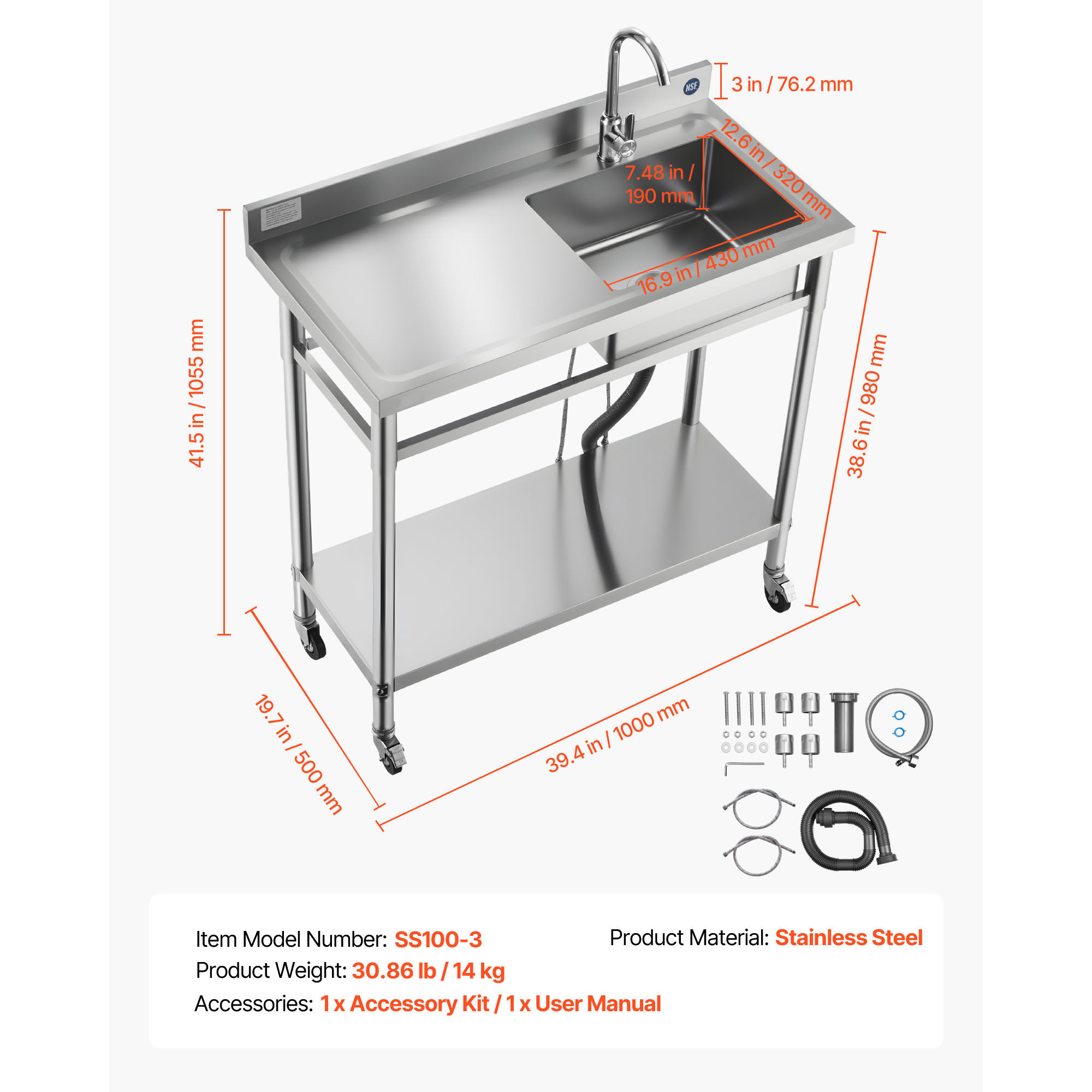 KFFKFF Utility Sink with Wheels Single Bowl Commercial Kitchen Sink Faucet Hot Cold Water SUS201 Stainless Steel Brushed Finish Adjustable Shelf