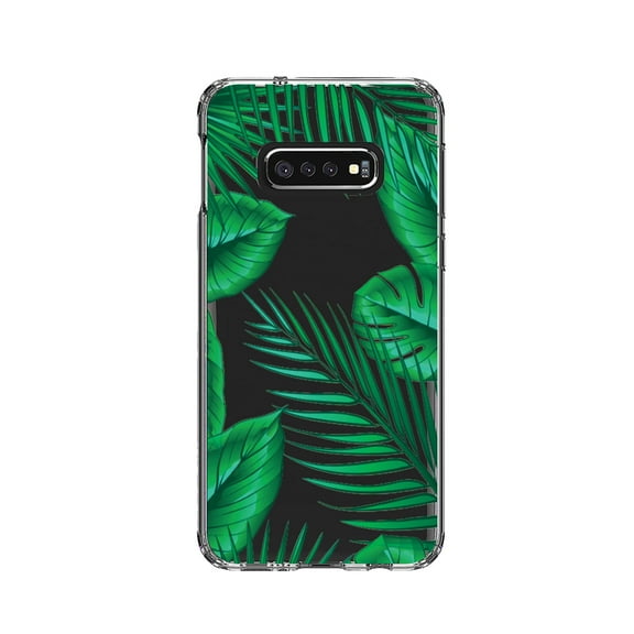 DistinctInk Clear Shockproof Hybrid Case for Samsung Galaxy S10e (5.8" Screen) - TPU Bumper, Acrylic Back, Tempered Glass Screen Protector - Green Tropical Leaves