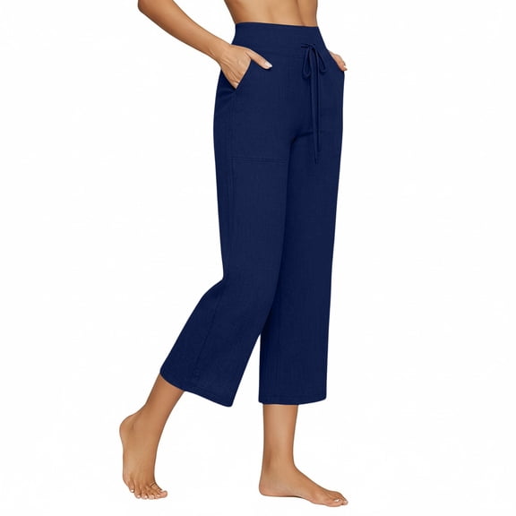 Cotton Linen Pants Womens Straight Leg Casual Capris 2026 Summer Beach Vacation Cropped Trousers Plus Size Drawstring Capri Pants Navy 2XL