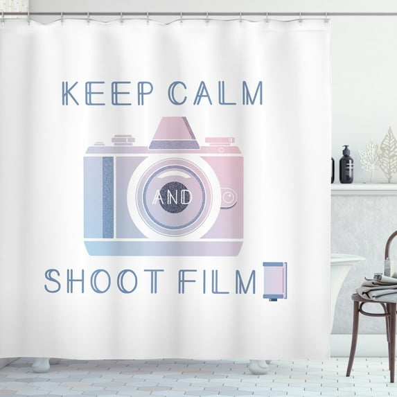 Keep Calm Shower Curtain, Shoot Film Text with Artistic Camera in Pastel Tone, Fabric Bathroom Set with Hooks, 69"W X 84"L Extra Long, Ceil Blue Pale Pink Pale Ceil Blue White, by Ambesonne