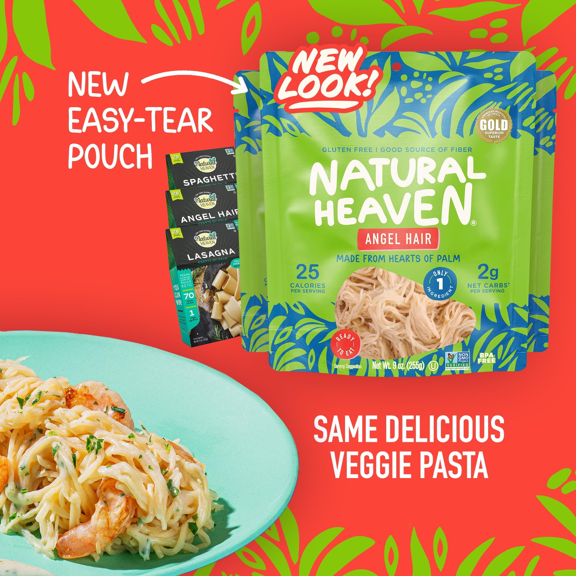 Natural Heaven Hearts of Palm Pasta Variety 6-Pack – Spaghetti Noodles, Angel Hair, Lasagna, Low-Calorie, Keto & Gluten-Free Food, Vegan, 9 Oz Ea