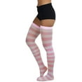 thumbnail image 3 of ToBeInStyle Womens Vibrant Horizontal Wide Striped Thigh High Stockings - Pink w/ White Stripes - One Size, 3 of 5