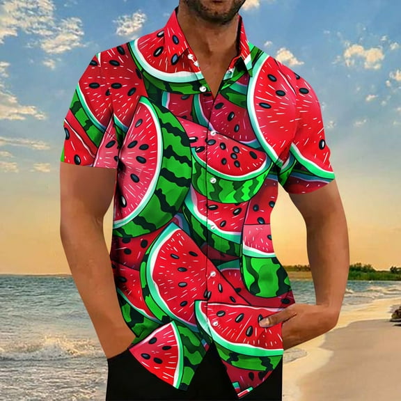 Xysaqa Mens T-Shirts Mens White Tee Shirts Hawaiian Shirt Men Big & Tall Cool Watermelon Print Shirts Merns Casual Short Sleeve Button Up T-Shirt Summer Party Beach Tshirt S-5Xl Mens Summer Shirts On