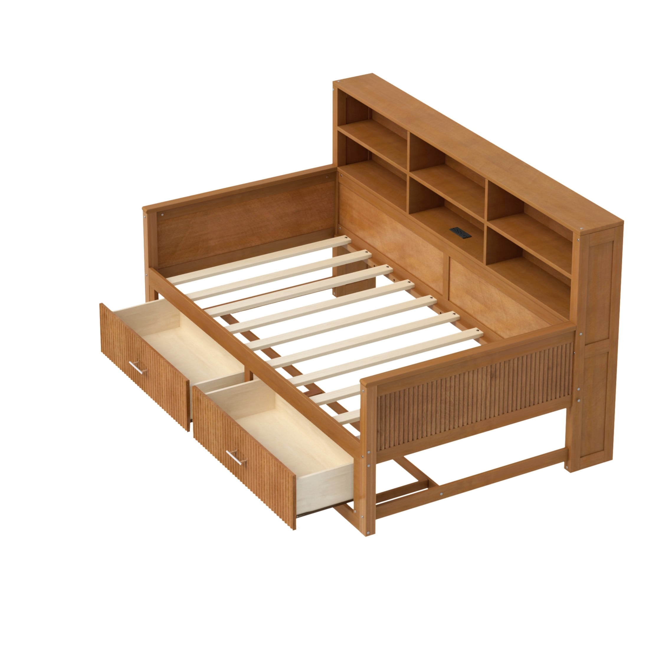 GDF Studio Josha Twin-Size Wooden Daybed with Bookcase Headboard, Storage Drawers & Built-In Charging Station, Walnut