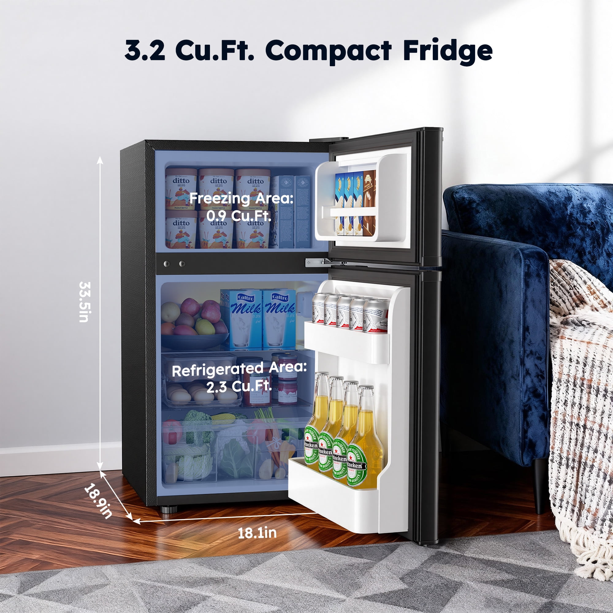Simzlife 3.2 Cu ft Mini Refrigerator with Freezer, Two Door Compact Small Fridge Adjustable Removable Shelves, Black