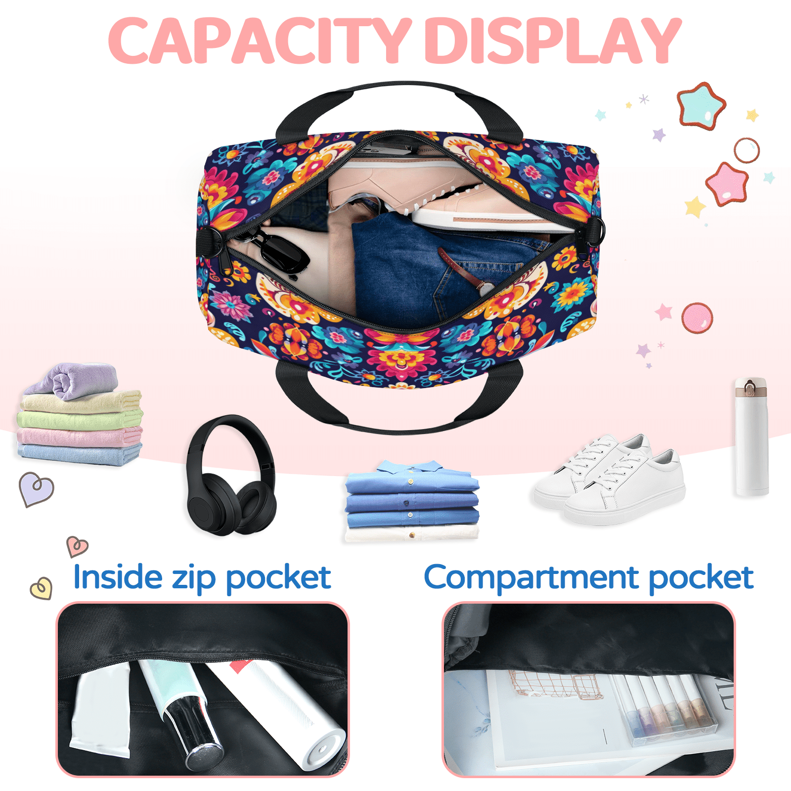 Herdesigns Mexico Floral Gym Bag for Women, Duffle Bag for Travel Sport, Mandala Lightweight Waterproof Carry on Weekender Dance Yoga Workout Bags