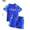 thumbnail image 3 of CHICTRY Kids Boys Two Piece Swimsuit Rash Guard Short Sleeve Camouflage Print Tops with Shorts Beachwear Blue 9-10, 3 of 5