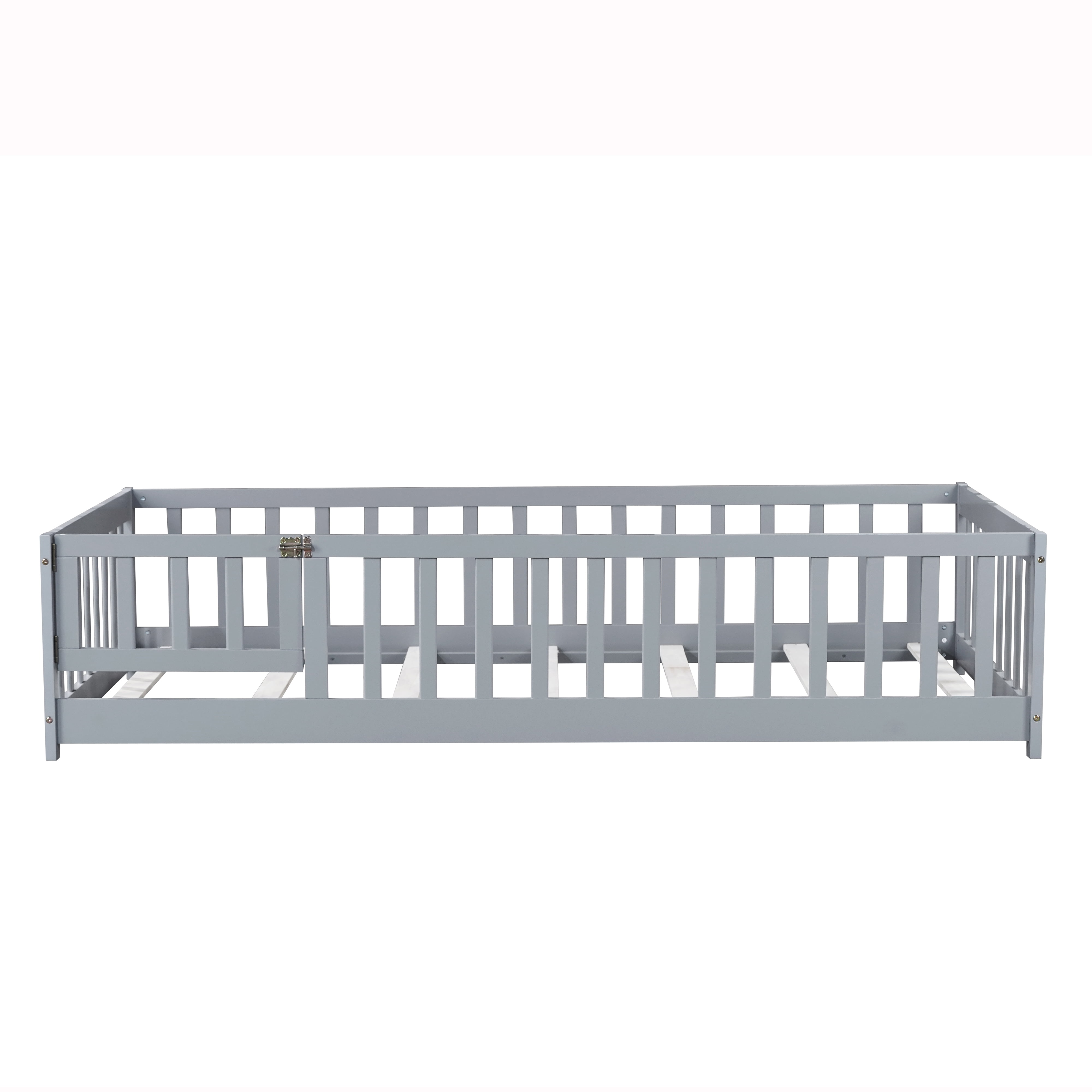 Bellemave Twin Size Floor Beds with Door, Wood Montessori Bed with Fence Railings & Support Slats, No Box Spring Needed (Gray)