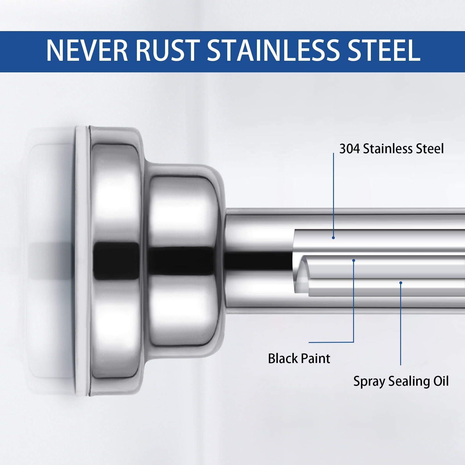 Ktinnead Tension Shower Curtain Rod - Adjustable Spring Tension Rod Rust Resistant No Drilling Anti-Slip Bar for Windows / Shower, 304 Stainless Steel, 43" to 73".