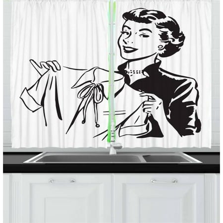 Curtains For Black And White Living Room Vintage Woman Curtains 2 Panels Set, Retro Female Lady Holding an Old Fashion Blouse Doing Laundry Image, Window Drapes for Living Room Bedroom, 55W X 39L Inches, Black and White, by Ambesonne ()