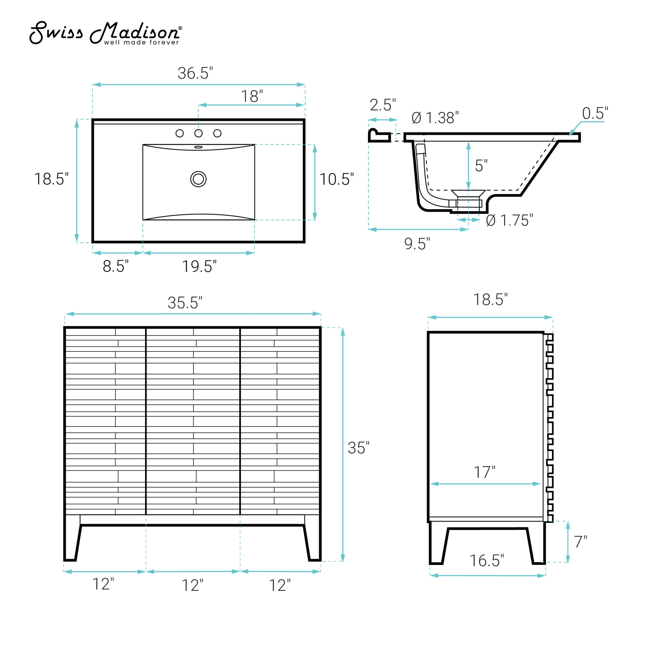 Cascade 36" Freestanding Bathroom Vanity in Green Oak with 3-Hole Widespread Sink Top