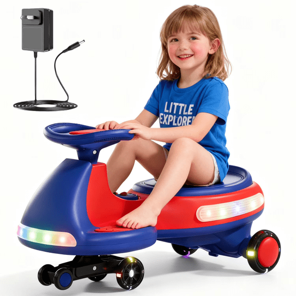 HNH 12V Electric Wiggle Car with Pedal for Kids, Rechargeable 2 in 1 Swing Car, Flashing Wheels, Bluetooth, Red&Blue
