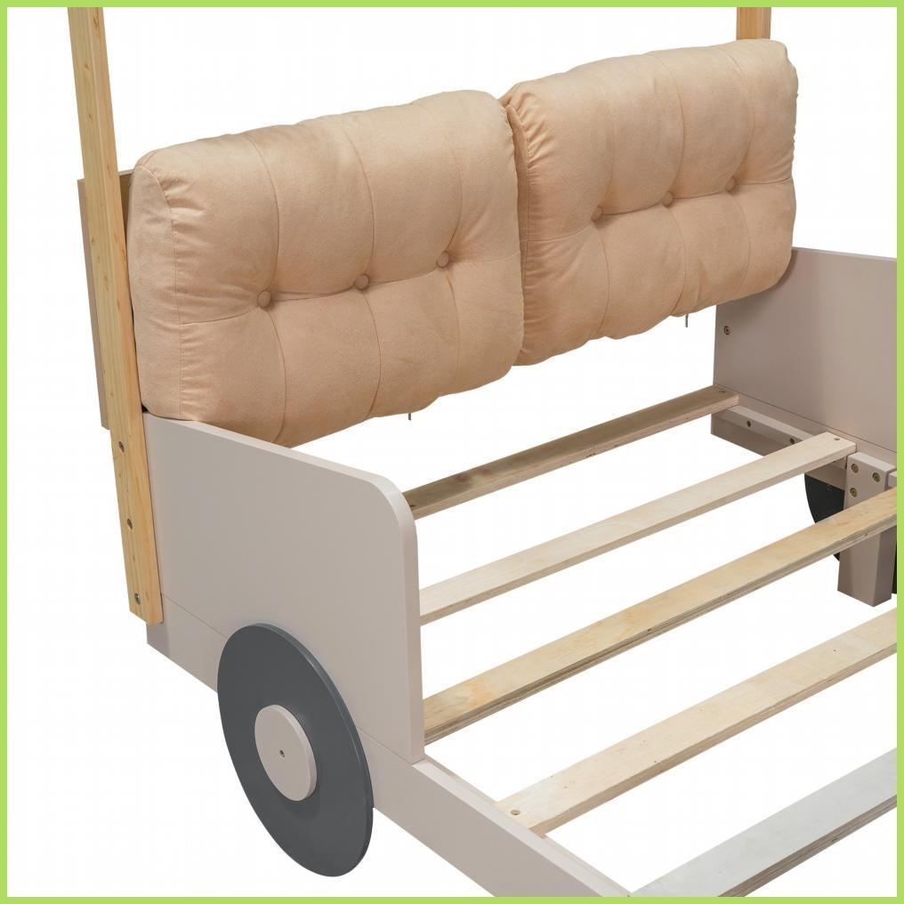 Twin Size Pine Wood Car Platform Bed with LED Lights Pillow Ceiling Cloth - No Box Spring Needed - Natural for Youth Bedroom