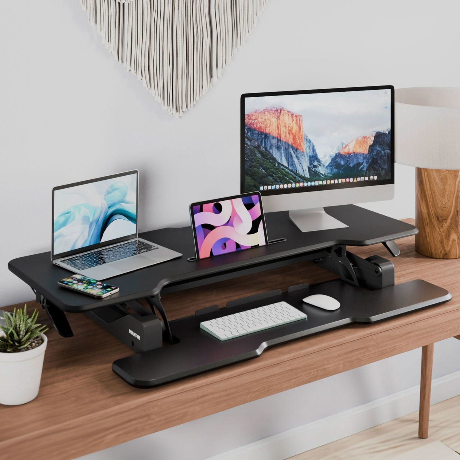 47 Inch Large Standing Desk Converter – Extra Wide Sit Stand Riser with Keyboard Tray, Dual Monitor Space, Gas Spring Height Adjustable – Ergonomic Desktop Workstation for Home or Office
