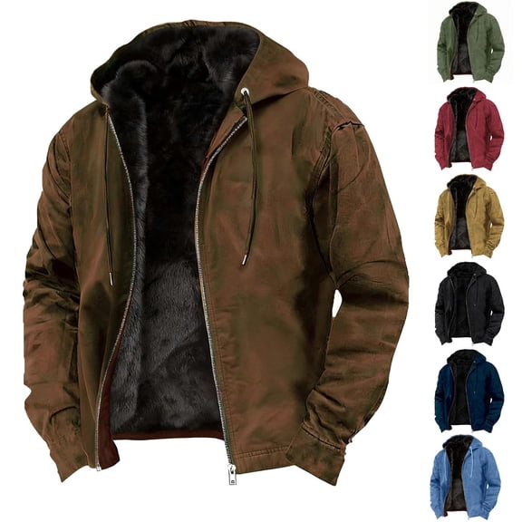 RYDCOT Mens Heavyweight Winter Hoodie Jacket Winter Work Jackets Full Zip Sherpa Fleece Fluffy Lined Big and Tall thermal Jackets for Men with Pockets Retro Streetwear Red