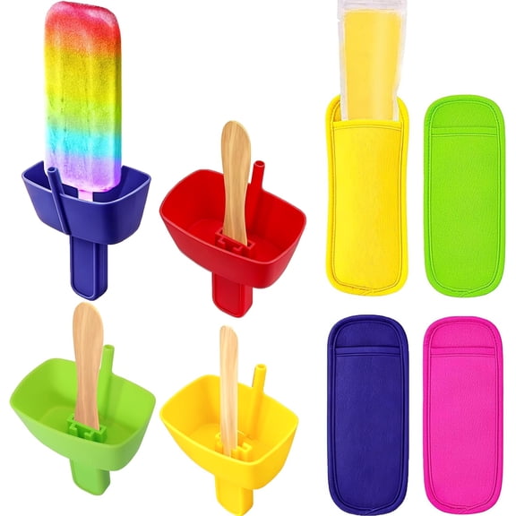 SUSWIM 8pcs Popsicle Holders and Ice Pop Sleeves Set for kids No Drip, Silicone Popsicle Holder with Straw and Reusable Neopreneee Freeze Popsicle Sleeves for Toddlers Mess Free, No Freezing Hands