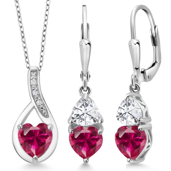 Gem Stone King 925 Sterling Silver Red Created Ruby Pendant Earrings Set for Women (4.86 Cttw, Gemstone July Birthstone, with 18 inch Chain)