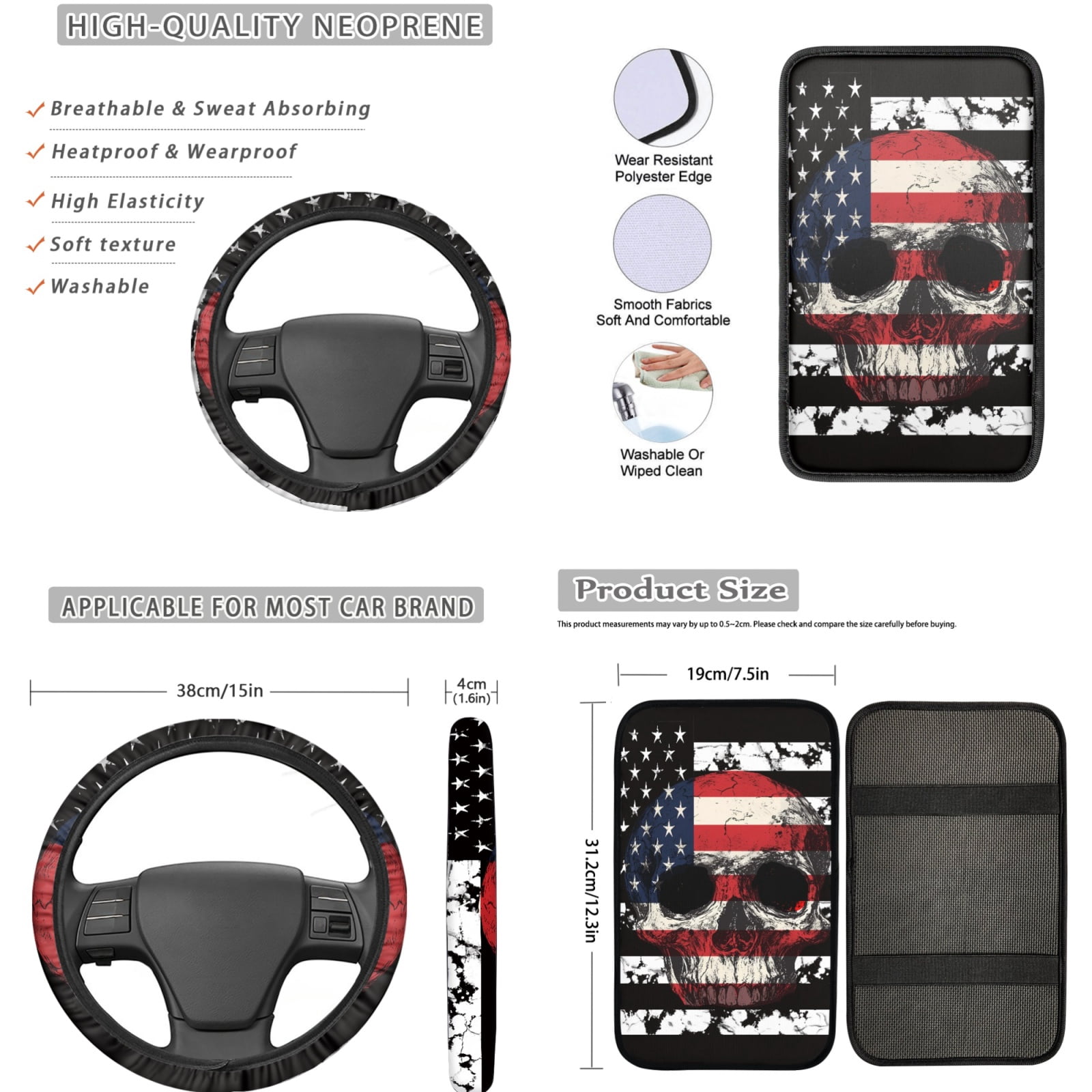 Jeiento American Flag Car Seat Cover Full Set for Men Woman Car Floor Mats Steering Wheel Cover Keychains Seatbelt Pad Armrest Cover Coasters Skeleton Lipstick Holder Interior Auto Accessory 17pcs