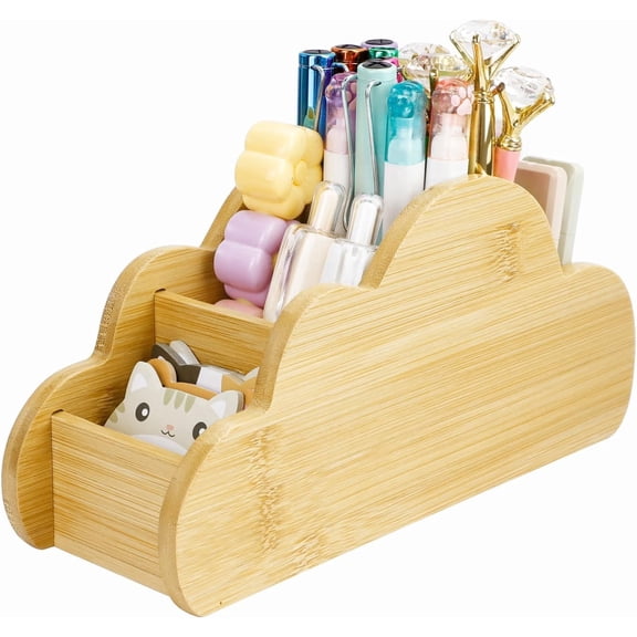 Cloud Remote Control Holder, Bamboo Organizer for TV Remotes, Makeup Brushes, Office Supplies, 5 Compartments Desk Caddy for Living Room, Bedroom, Office Modern Farmhouse Decor
