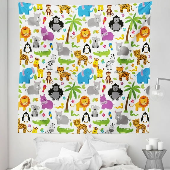 Cartoon Tapestry, Various Types of Animals Drawn Manner Lions Koalas Tigers Crocodiles Monkeys, Fabric Wall Hanging Decor for Bedroom Living Room Dorm, 5 Sizes, Multicolor, by Ambesonne