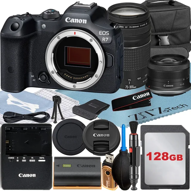 Canon EOS R7 Mirrorless Camera with RF-S 18-45mm + EF 75-300mm Lens + 128GB Memory Card + Case + ZeeTech Accessory Bundle