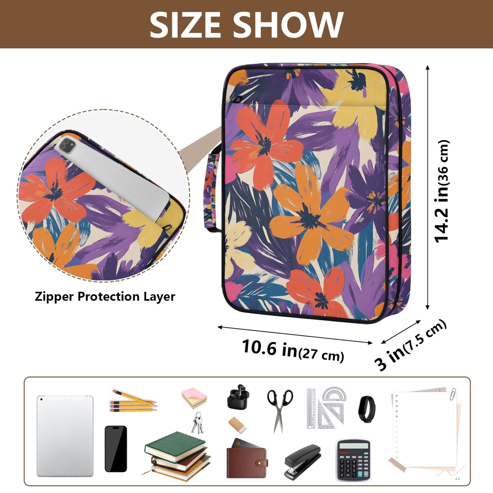 FORMRS Accordion File Folder A4 Size 7-Pocket Expanding Document Organizer Bag with 3 Ring Binder, Colorful Painted Flowers Pattern