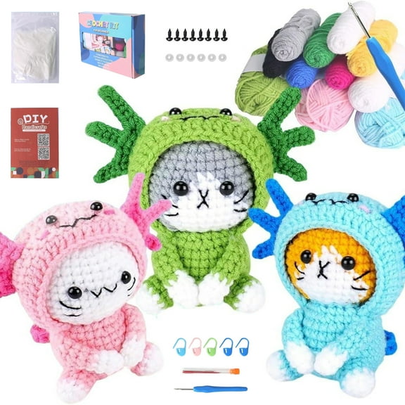 GIRACOA 3pcs Crochet Animal Kit for Beginners, All-in-One Crochet Set, Axolotl Cat Crochet Kits with Step-by-Step Tutorials, Beginner Crochet Kit for Adults, Crochet Cat Dressed as Axolotl Set