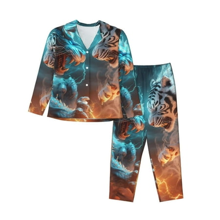 Qokaie Blue Dragon And White Tiger Print Womens Pajama Set  2 Piece Soft Long Sleeve Pajamas & Long Pants with Pockets  Warm Button-up Sleepwear Lounge Pjs