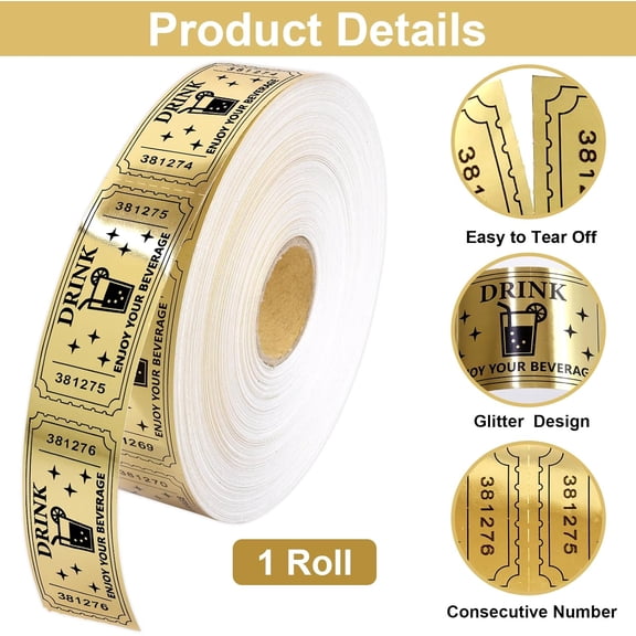 1000Pcs Gold Raffle Tickets Roll Single Roll Drink Tickets for Events Carnivals Movie Party Wedding Entertainment Christmas Happy Holidays Supplies$$Office