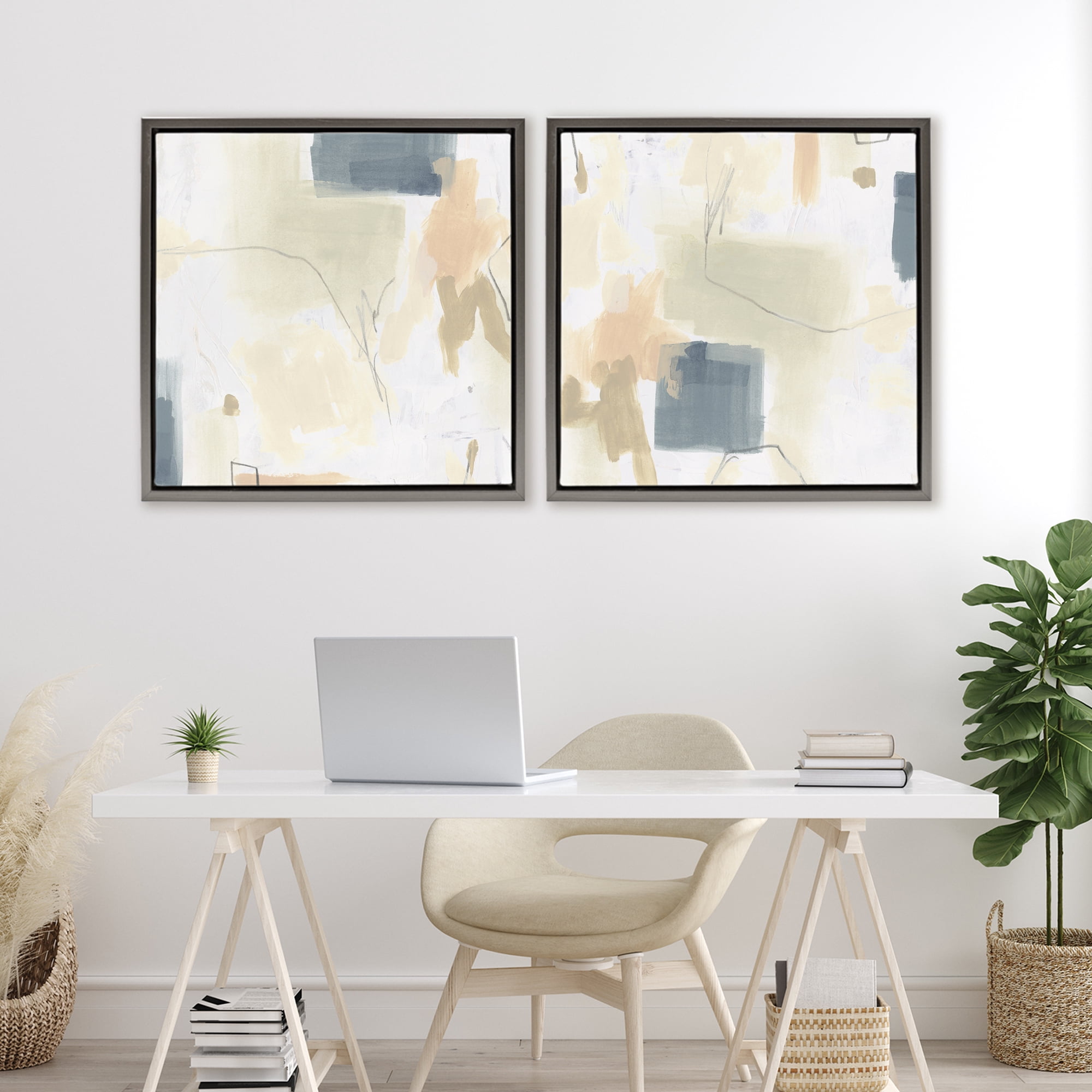 Stupell Industries Muted Plaster Line 2 Piece Gray Framed Floater Canvas Set, design by June Erica Vess