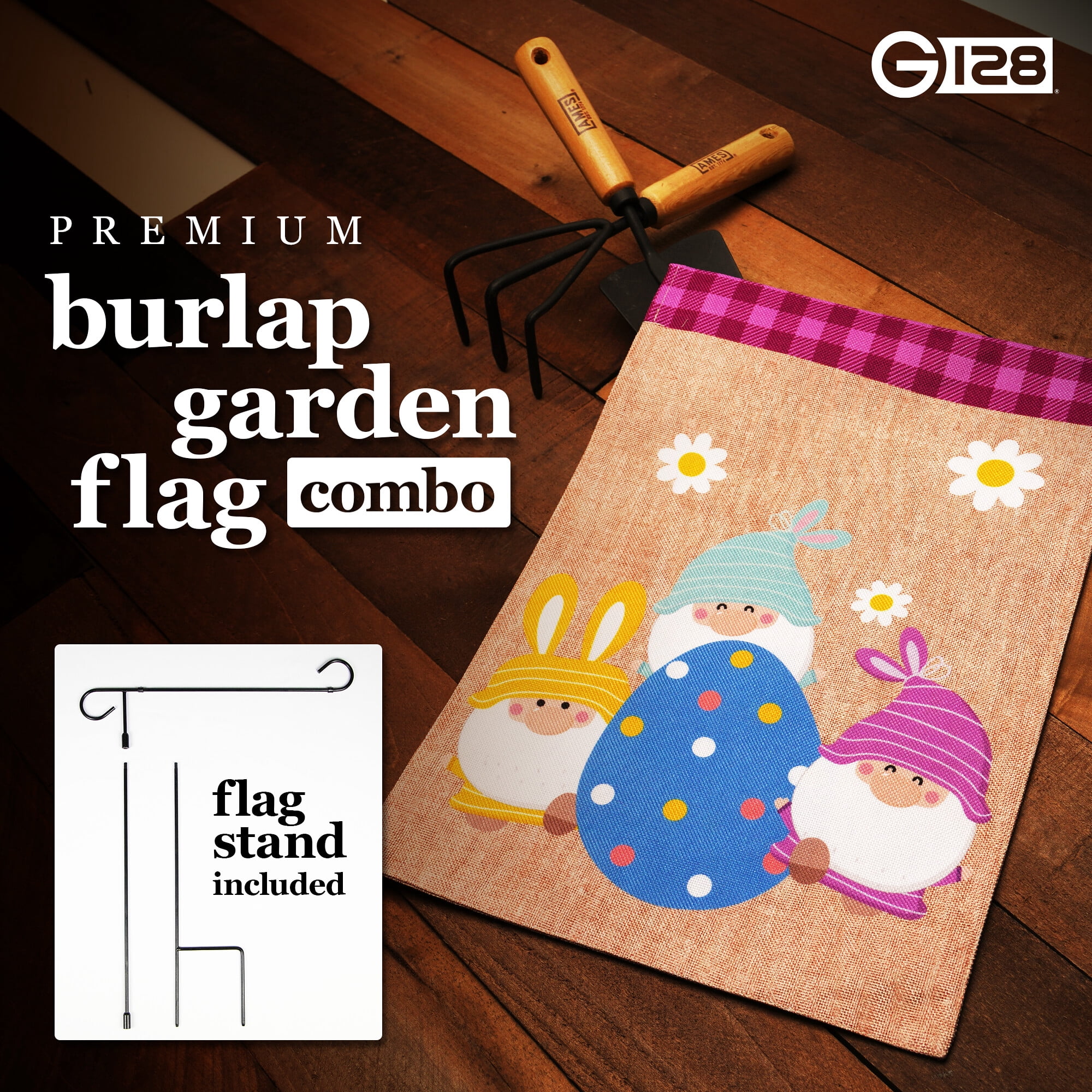 G128 2sets: 36"x16" Flag Stand & 12"x18" Double Sided Gnomes with Easter Egg Garden Flag Decoration