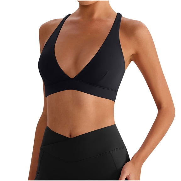 Jerdar Women's Deep V-Neck Halter Longline Sports Bra Padded Low Back Low Impact Fitness Yoga Bra Workout Crop Top L