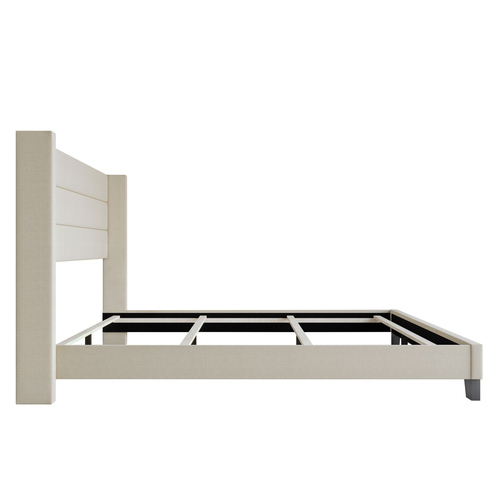 Home Design Niles Twin Upholstered Panel Bed Frame with Wingback Headboard and Foam-Padded Support, Beige, Easy Assembly