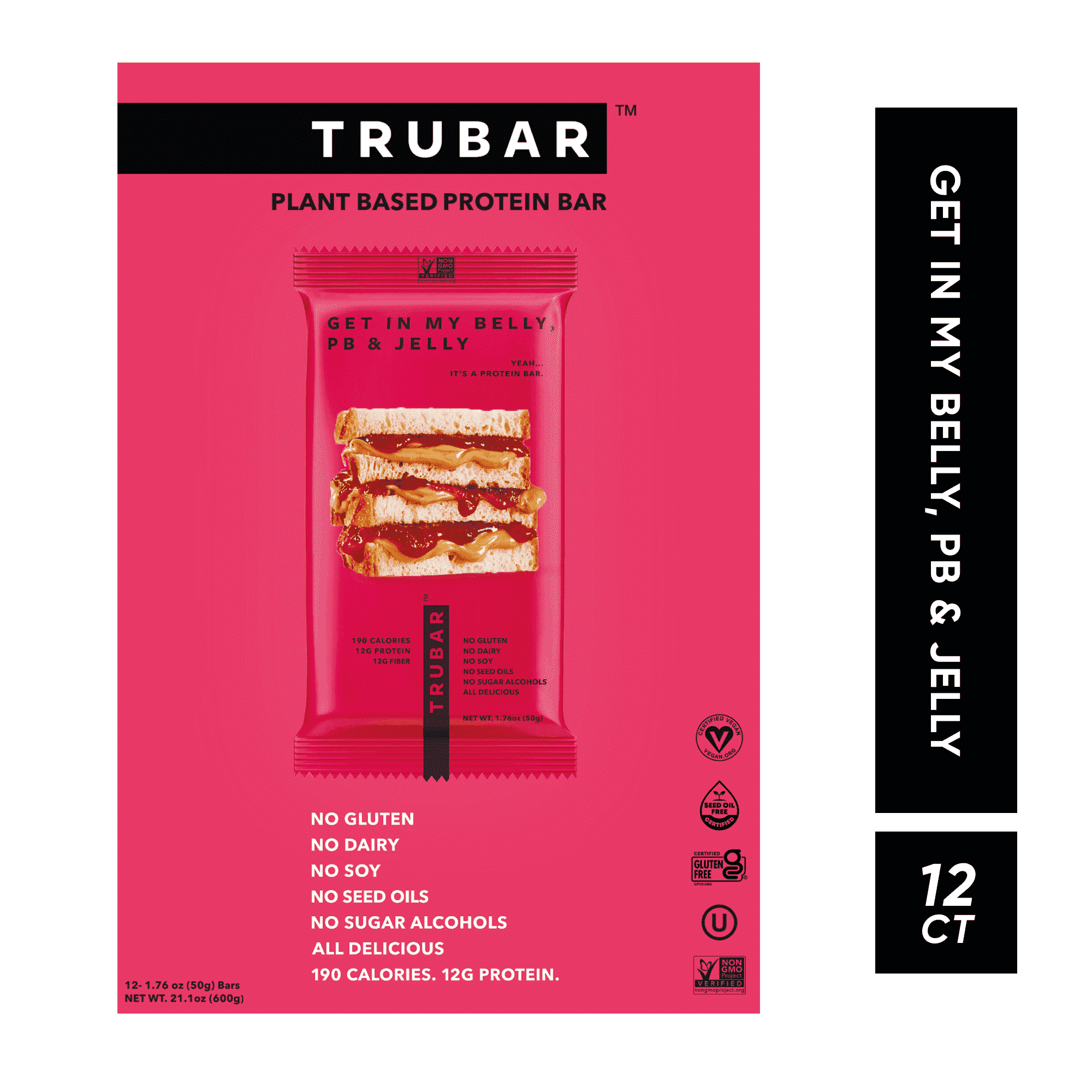 Trubar Plant Based Protein Bar, Get In My Belly, PB & Jelly, 12 Bars, 1.76 oz (50 g) Each