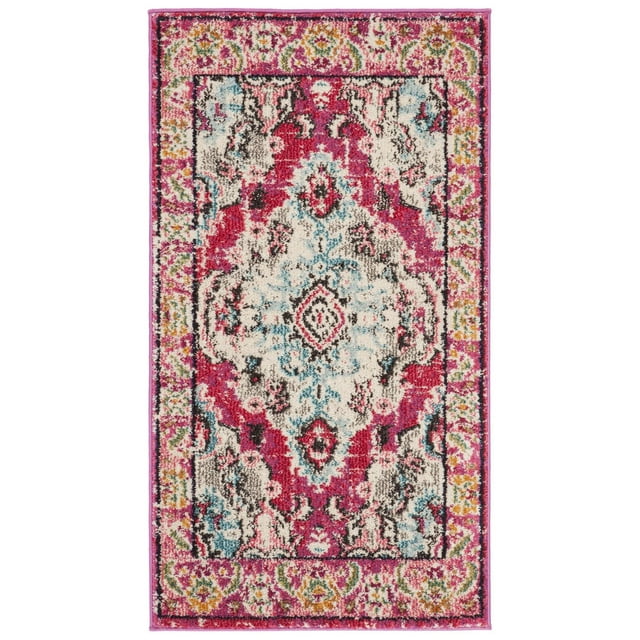 Safavieh Monaco Toria traditional area rug featuring vibrant pink border with detailed floral and geometric motifs in cream, blue, black, and orange accents.