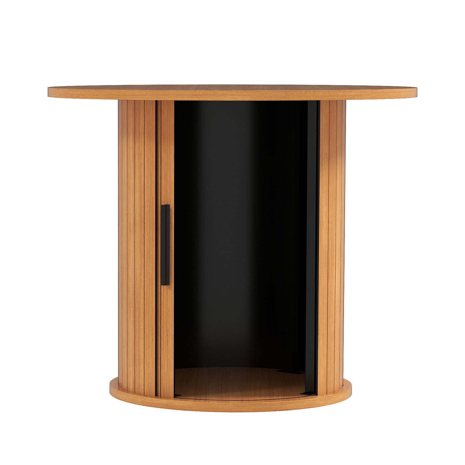 Round Coffee Table Boho Wood Circle Side Table with Hidden Storage & Sliding Door (Natural)