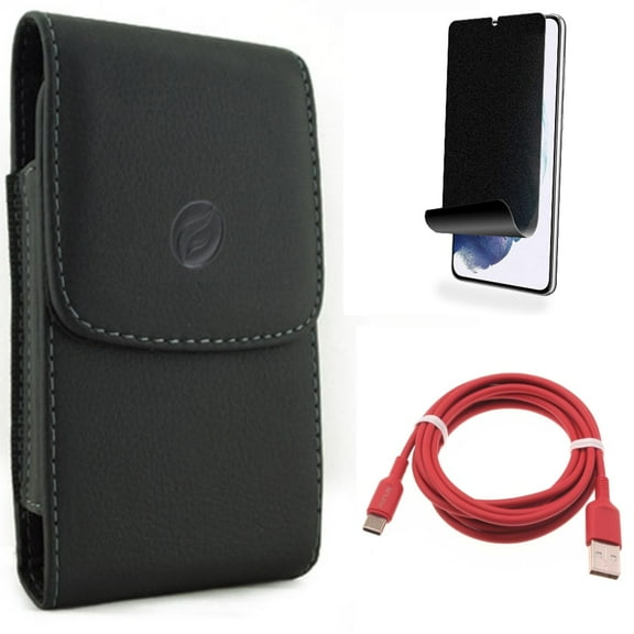 For Samsung Galaxy S21 (6.2") - Charger Cord Red 6ft USB-C Cable   [Fingerprint Works] TPU Film Privacy Screen Protector   Holster Leather Case Belt Clip
