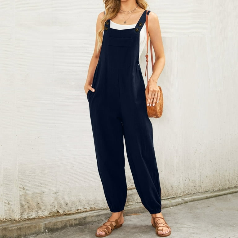 Manxivoo Fall Jumpsuits for Women Women's Sleeveless Overalls Jumpsuit  Casual Solid Summer Wide Leg Bib Pants Bottons Jumpsuit Romper with Button  Pockets Wide Leg Jumpsuits for Women Dark Blue 