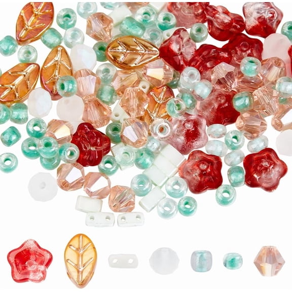 1 Box 350Pcs Mixed Czech Glass Beads Czech Bead Mix Electroplate Colorful Leaf Flower Assorted Faceted Pink Loose Spacer Beads for Jewelry Making Bracelets Necklaces Earrings DIY Crafts Moccasin