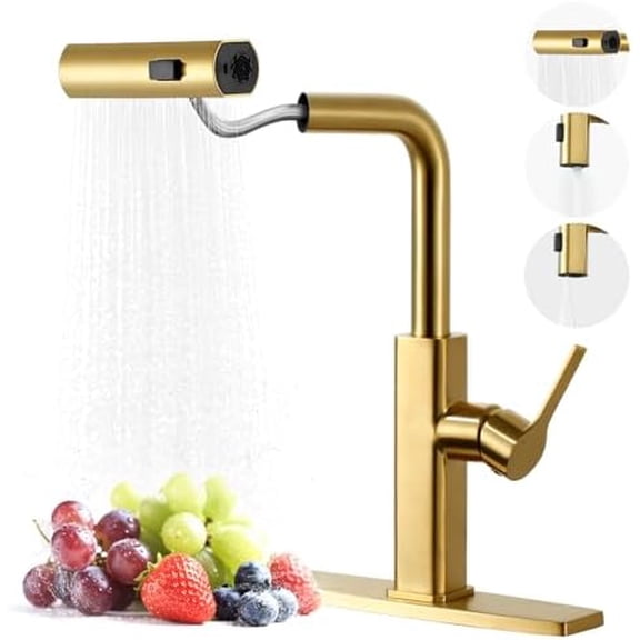 Kitchen Faucet with Pull Down Sprayer, Stainless Steel Gold Kitchen Faucets, Single Handle Kitchen Sink Faucet with Deck Plate, 1 or 3 Hole Water Faucets for RV Bar Laundry Farmhouse Camper