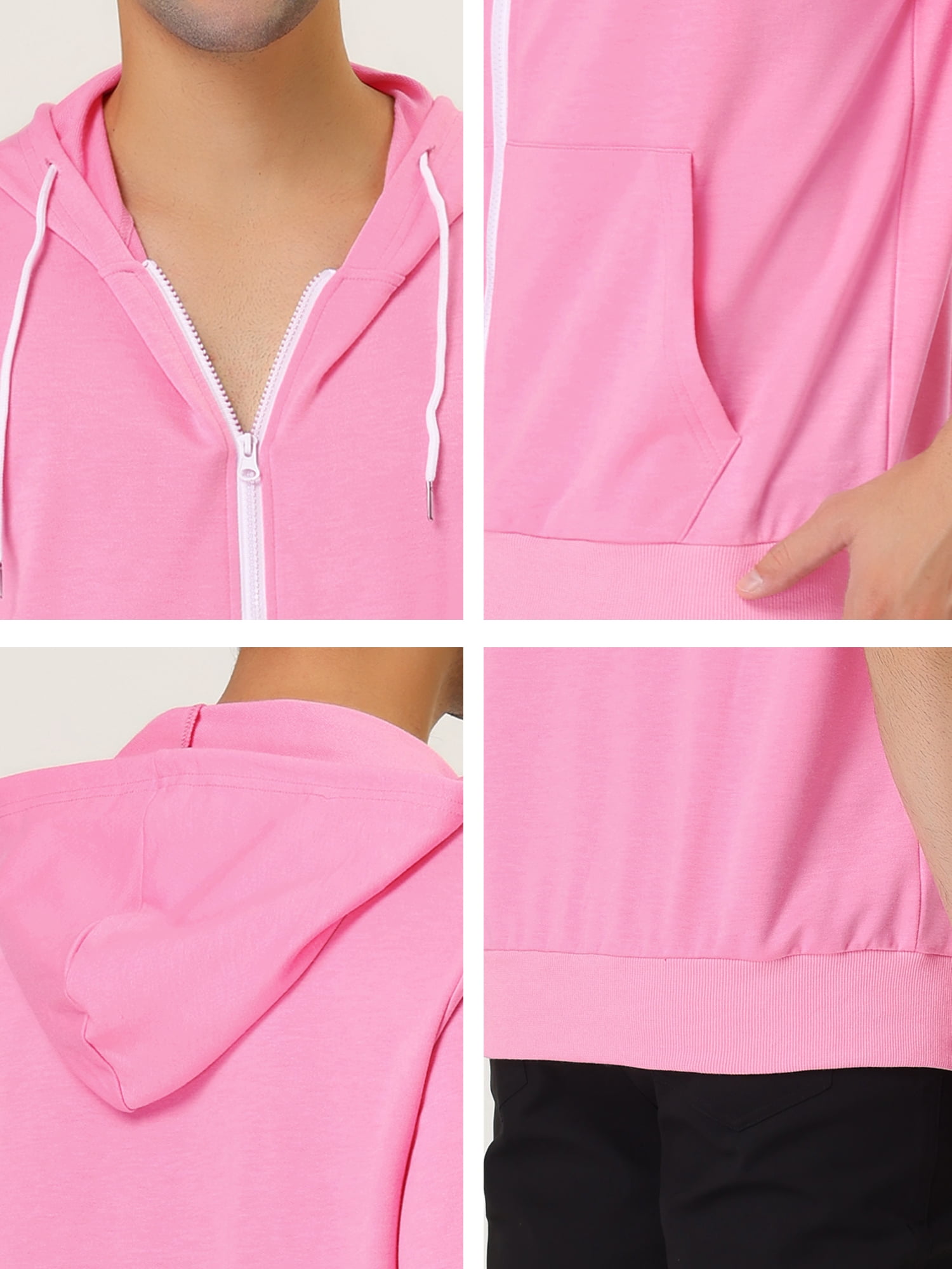 Unique Bargains Men's Short Sleeve Solid Color Zip Up Sport Hoodies M Pink