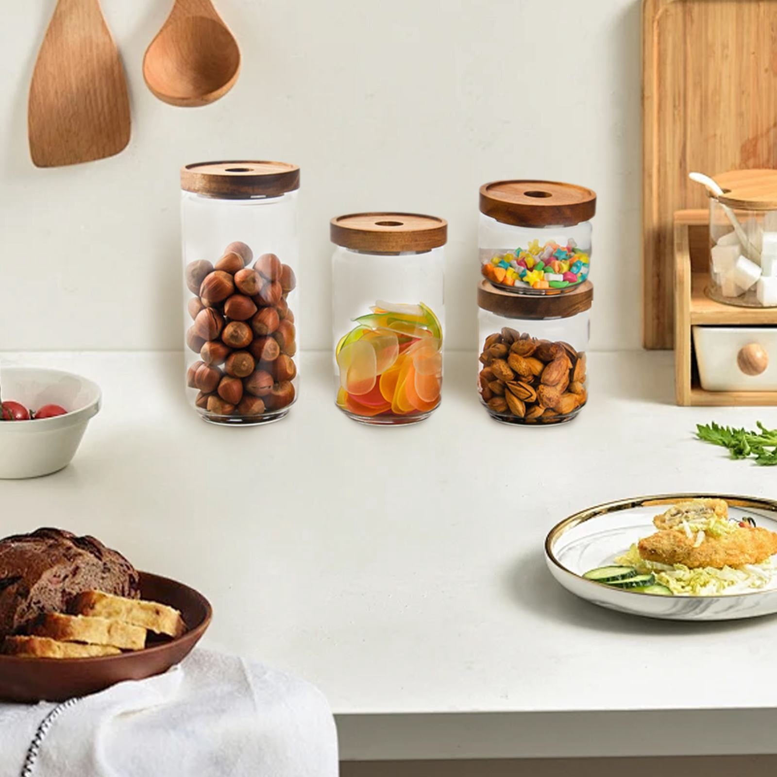 MOQIN Airtight Glass Food Storage Jars, Clear Glass Food Storage Container with Sealing Wooden Lid, Stackable Spice Jar, Round Kitchen Canister for Sugar, Tea, Coffee bean, Pasta, Oat