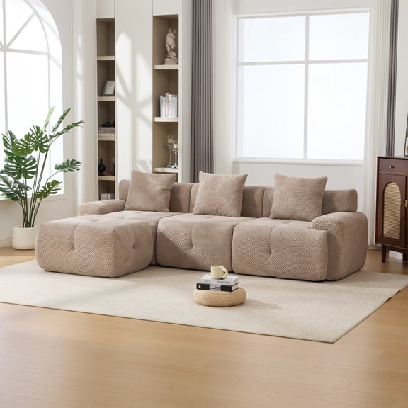 104.3" Modular Sectional Sofa with Movable Ottoman, 3-Seater Boneless Couch with Pillows, L Shaped Cloud Tufted Couch for Living Room, No Assembly, Taupe