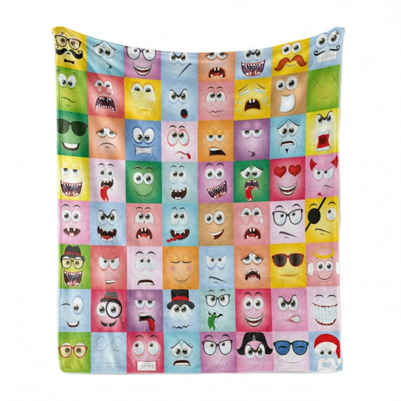 Humor Soft Flannel Fleece Throw Blanket, Internet Cartoon Meme Funny Culture Facial Gesture Emotion Digital Illustration, Cozy Plush for Indoor and Outdoor Use, 70" x 90", Multicolor, by Ambesonne
