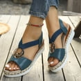 thumbnail image 3 of Rokment Women's Platform Chunky Heels Dressy Sandals Fashion Casual Metallic Silver Buckles Leather Elastic Ankle Strap Wedge Slingback Heeled Summer Comfortable Walking Shoes Blue Size 9, 3 of 7