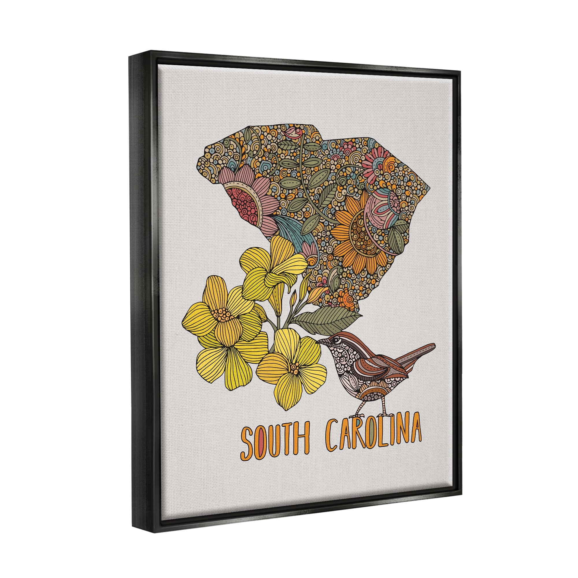 Stupell Industries Detailed South Carolina State Flower Blossoms Pattern Graphic Art Jet Black Floating Framed Canvas Print Wall Art, Design by Valentina Harper