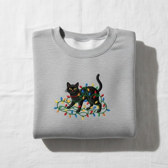 Tangle of Christmas Lights Black Cat Embroidered Crewneck, Funny Cat Lover Holiday Sweater, Cute Xmas Kitten Sweatshirt