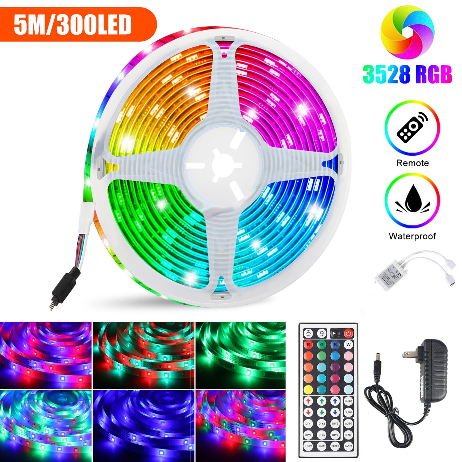 32ft RGB Strip Light 600 LED Color Changing 3528 Flexible 44key Remote TV Bar 