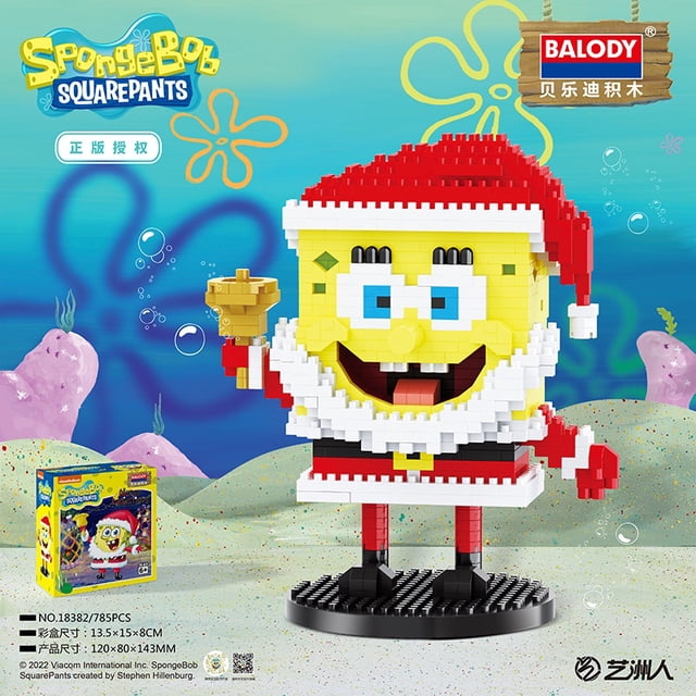 balody dibujos animados autorizado bob esponja mini bloques pequeños ladrillos anime construcción colección juguete juguetes subasta figura niños niñas presente cumpleaños 18383 — Vista frontal de Bob Esponja en micro bloques con gorro de Santa sobre base circular negra; ojos azules cuadrados, nariz rectangular y boca abierta con dientes, traje rojo y blanco y extremidades microbloqueadas; fondo submarino y caja del set visible; suele usarse también como figura decorativa de colección.